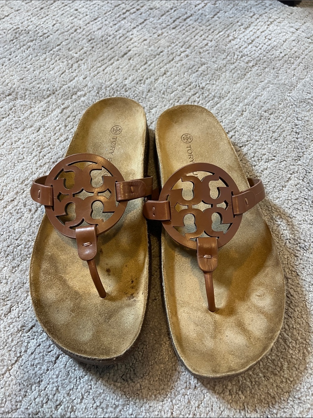 Tory Burch Tan Brown Leather Logo Thong Sandals